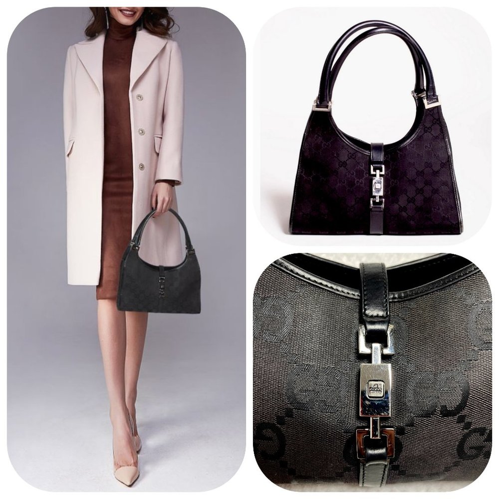 Auc Gucci Black GG Canvas and Leather Jackie Bardot Vintage Hobo